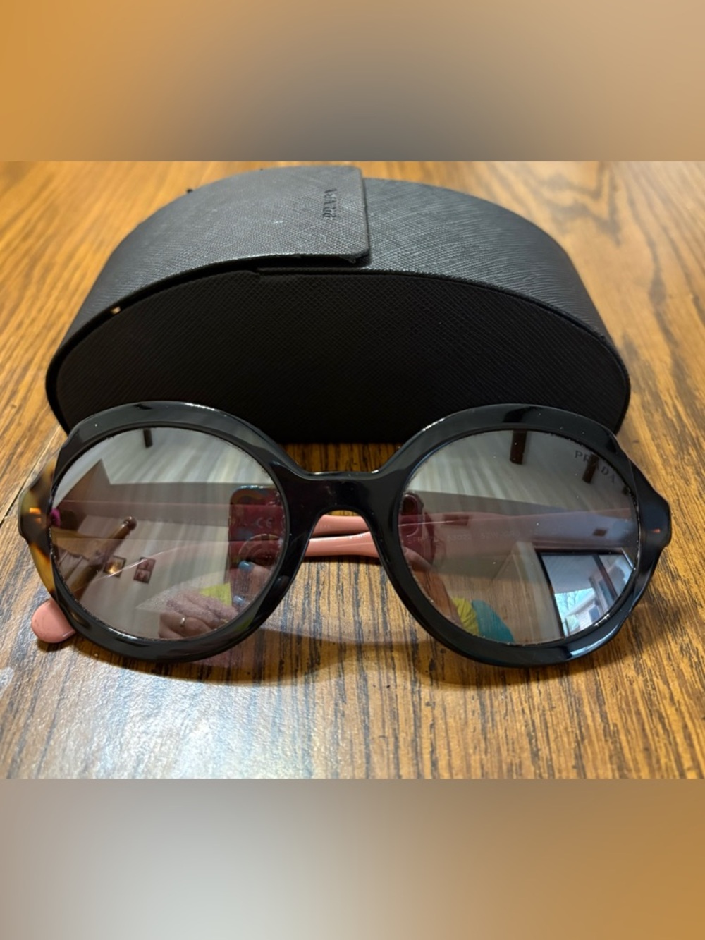 NWOT Prada Black Round Sunglasses with Pink Temples